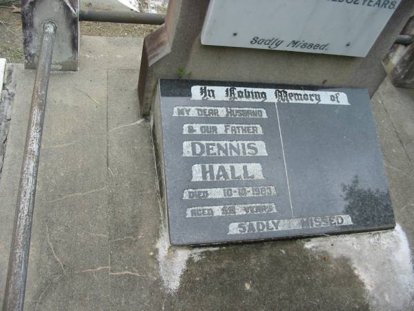 Mary Ann Armstrong HEANEY,  | wife of Samuel George HEANEY,  | died 12 July 1908 aged 32 years;  | Dennis HALL, husband father,  | died 10-10-1983 aged 55? years;  | Slacks Creek St Mark's Anglican cemetery, Daisy Hill, Logan City  | 