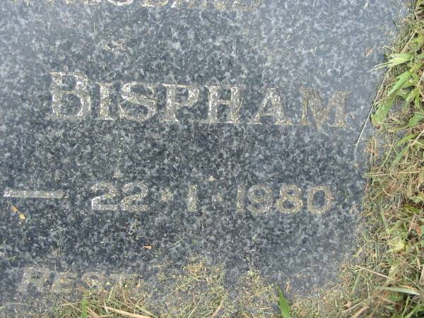 Norman BISPHAM, husband,  | 16-5-1902 - 22-1-1980;  | Slacks Creek St Mark's Anglican cemetery, Daisy Hill, Logan City  | 