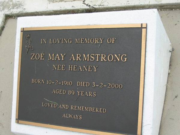 R.H.L. ARMSTRONG,  | died 13 April 1962 aged 53 years,  | wife Zoe, son Milton, daughter Anne;  | Zoe May ARMSTRONG nee HEANEY,  | born 10-2-1910 died 3-2-2000 aged 89 years;  | Slacks Creek St Mark's Anglican cemetery, Daisy Hill, Logan City  | 