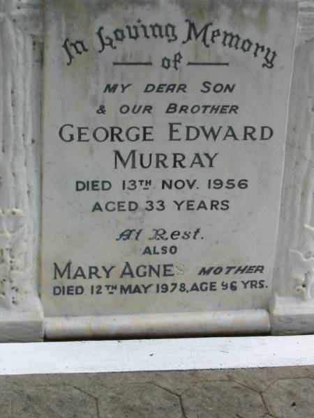 George Edward MURRAY, son brother,  | died 13 Nov 1956 aged 33 years;  | Slacks Creek St Mark's Anglican cemetery, Daisy Hill, Logan City  | 