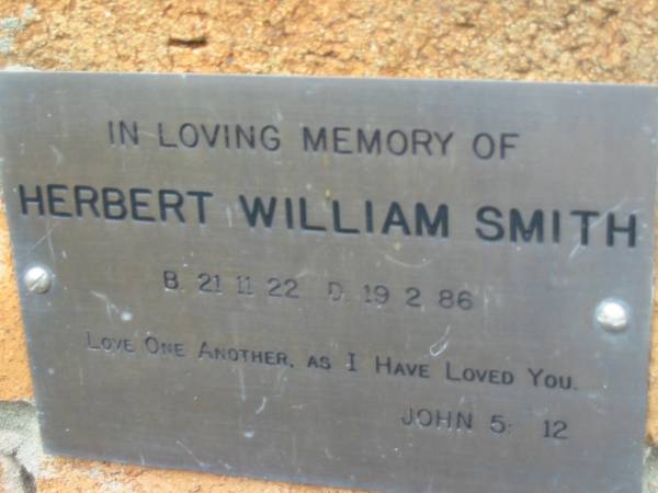 Herbert William SMITH,  | born 21-11-22 died 19-2-86;  | Slacks Creek St Mark's Anglican cemetery, Daisy Hill, Logan City  | 
