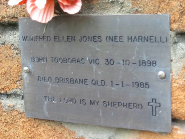 Winifred Ellen JONES (nee HARNELL),  | born Tooborac Vic 30-10-1898,  | died Brisbane Qld 1-1-1985;  | Slacks Creek St Mark's Anglican cemetery, Daisy Hill, Logan City  | 