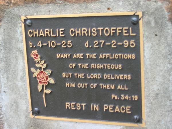 Charlie CHRISTOFFEL,  | born 4-10-25 died 27-2-95;  | Slacks Creek St Mark's Anglican cemetery, Daisy Hill, Logan City  | 