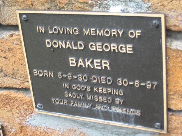 Donald George BAKER,  | born 6-9-30 died 30-6-97;  | Slacks Creek St Mark's Anglican cemetery, Daisy Hill, Logan City  | 