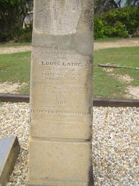 Louis LAINE,  | native of Brittany France,  | drowned 2 June 1864 aged 25 years;  | Frederick Woodward ELLIS,  | drowned 2 June 1864 aged 27 years;  | South West Rocks, New South Wales  | 