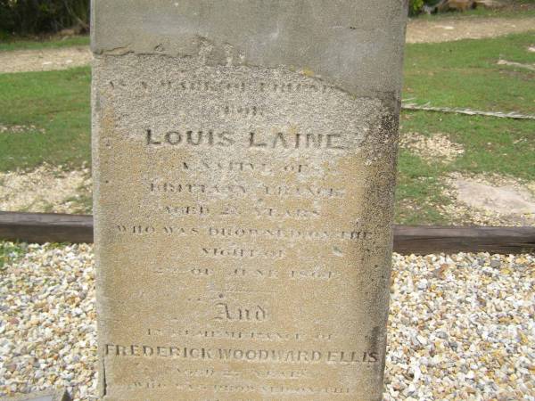 Louis LAINE,  | native of Brittany France,  | drowned 2 June 1864 aged 25 years;  | Frederick Woodward ELLIS,  | drowned 2 June 1864 aged 27 years;  | South West Rocks, New South Wales  | 