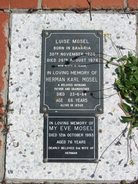 Luise MOSEL  | Born Bavaria 30 Nov 1920  | Died 28 Aug 1976  |   | Herman Karl MOSEL  | 23-6-84  | aged 66  |   | (2nd wife)  | My Eve MOSEL  | 12 Oct 1993  | 76 yrs  |   | St Margarets Anglican memorial garden, Sandgate, Brisbane  |   | 