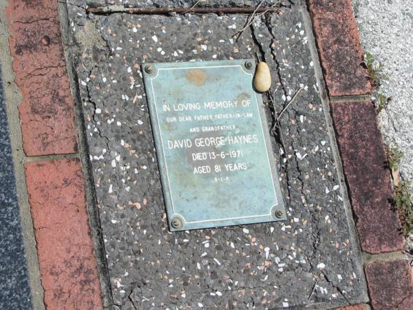 David George HAYNES  | 13-6-1971  | 81 yrs  |   | St Margarets Anglican memorial garden, Sandgate, Brisbane  |   | 