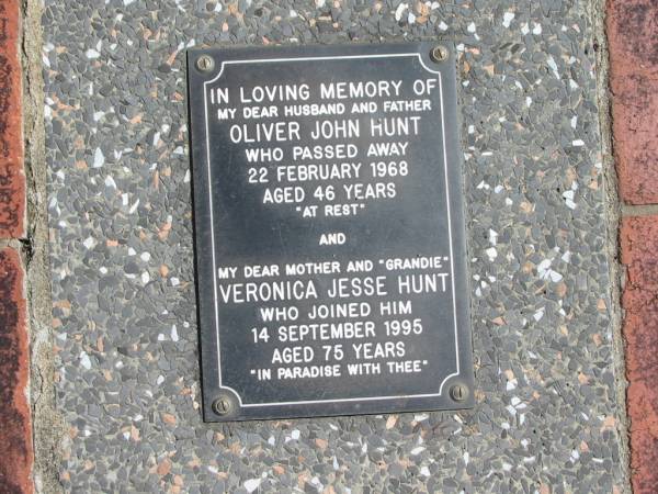 Oliver John HUNT  | 22 Feb 1968  | aged 46  |   | Veronica Jesse HUNT  | 14 Sep 1995  | 75 yrs  |   | St Margarets Anglican memorial garden, Sandgate, Brisbane  |   | 