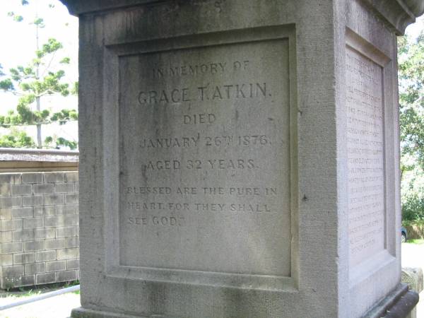 Grace T ATKIN  | 26 Jan 1876  | aged 32 yrs  |   | St Margarets Anglican memorial garden, Sandgate, Brisbane  |   | 