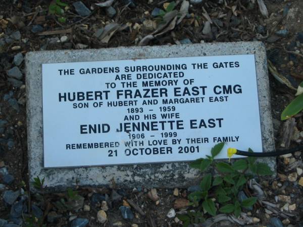 Hubert Frazer EAST CMG  | (son of Hubert and Margaret EAST)  | 1893 - 1959  |   | his wife  | Enid Jennette EAST  | 1906 - 1999  | 21 Oct 2001  |   | St Thomas' Anglican, Toowong, Brisbane  |   | 