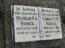 Wilhelm F A RUNGE 9 Oct 1937, aged 67 Clara F W RUNGE 7 Dec 1937, aged 75 Stone Quarry Cemetery, Jeebropilly, Ipswich 