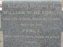 
William W HEADRICK
3 Feb 1930, aged 51
(his son) Percy 
13 Jan 1924, aged 15 months
Alfred Wilfred
30 Aug 1938, aged 27 years
Mary HEADRICK
25 Jul 1955, aged 68
Stone Quarry Cemetery, Jeebropilly, Ipswich
