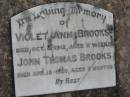 
Violet Ann BROOKS
1 Oct 1912, aged 11 weeks
John Thomas BROOKS
18 Apr 1920, aged 8 months
Stone Quarry Cemetery, Jeebropilly, Ipswich
