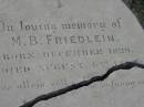 M B FRIEDLEIN b: Dec 1829, d: 1 Aug 1887? Stone Quarry Cemetery, Jeebropilly, Ipswich 