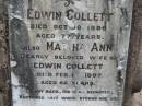 Edwin COLLETT 16 Oct 1896, aged 77 Martha Ann (wife of Edwin) COLLETT 13 Feb 1897, aged 68 Stone Quarry Cemetery, Jeebropilly, Ipswich 