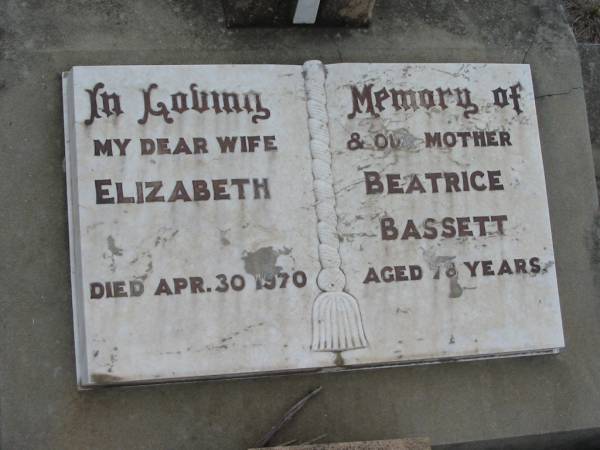 Elizabeth Beatrice BASSETT  | 30 Apr 1970, aged 78  | Stone Quarry Cemetery, Jeebropilly, Ipswich  | 
