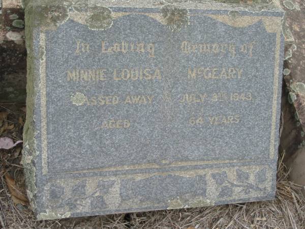 Minnie Louisa McGEARY  | 8 Jul 1943, aged 64  | Stone Quarry Cemetery, Jeebropilly, Ipswich  | 