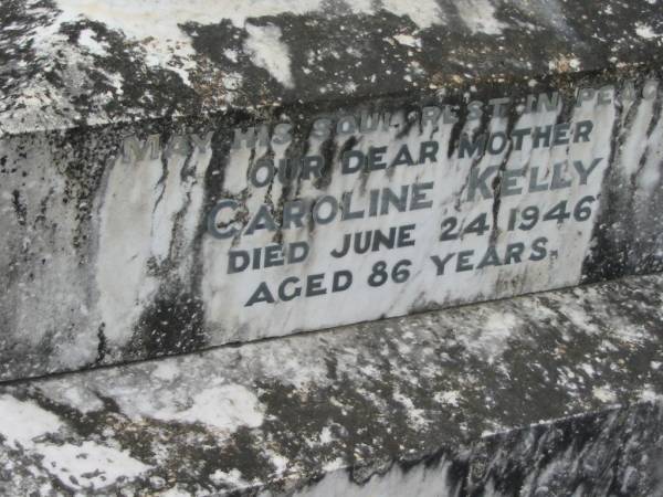 Stephen Kelly  | 1 Sep 1922, aged 73  | Caroline KELLY  | 24 Jun 1946  | aged 86  | Stone Quarry Cemetery, Jeebropilly, Ipswich  | 