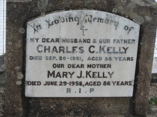 Charles C KELLY  | 20 Sep 1951, aged 84  | Mary J KELLY  | 29 Jun 1958, aged 86  | Stone Quarry Cemetery, Jeebropilly, Ipswich  | 