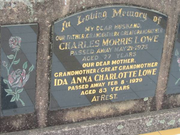 Charles Morris LOWE  | 21 May 1975, aged 77  | Ida Anna Charlotte LOWE  | 8 Feb 1979, aged 83  | Stone Quarry Cemetery, Jeebropilly, Ipswich  | 