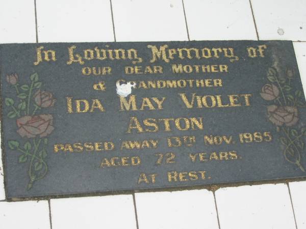 Ida May Violet ASTON  | 13 Nov 1985, aged 72  | Stone Quarry Cemetery, Jeebropilly, Ipswich  | 