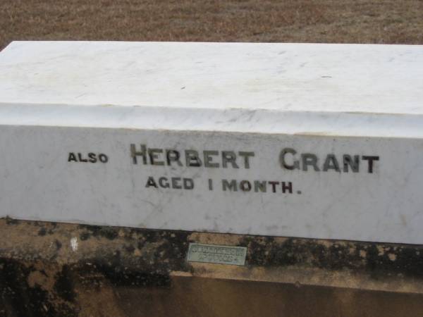 Alex GRANT  | 10 Apr 1881  | Margaret GRANT  | 25 Oct 1881  | Alex GRANT  | 4 Jul 1916, aged 71  | Ellen GRANT  | 8 Jun 1925 aged 74  | Herbert GRANT  | aged 1 month  | Stone Quarry Cemetery, Jeebropilly, Ipswich  | 