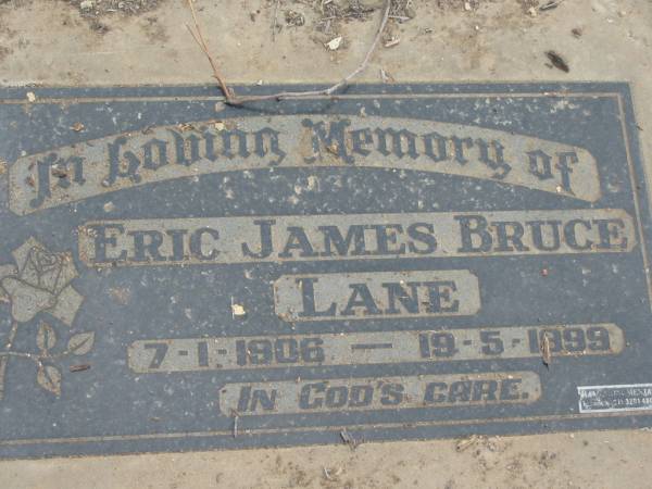 Eric James Bruce LANE  | b: 7 Jan 1906, 19 May 1999  | Stone Quarry Cemetery, Jeebropilly, Ipswich  | 