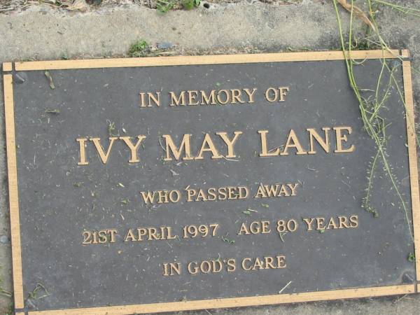 Ivy May LANE  | 21 Apr 1997, aged 80  | Stone Quarry Cemetery, Jeebropilly, Ipswich  | 