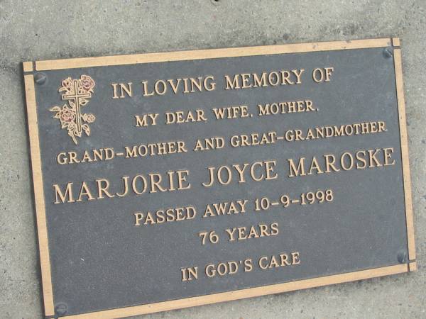 Marjorie Joyce MAROSKE  | 10 Sep 1998, aged 76  | Stone Quarry Cemetery, Jeebropilly, Ipswich  | 