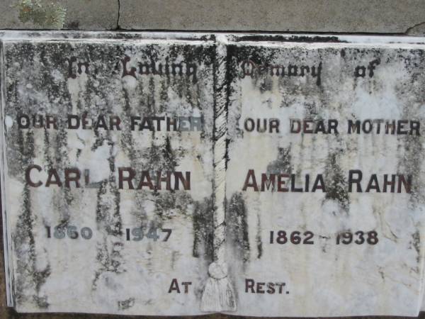 Carl RAHN  | 1860 - 1947  | Amelia RAHN  | 1862 - 1938  | Stone Quarry Cemetery, Jeebropilly, Ipswich  | 