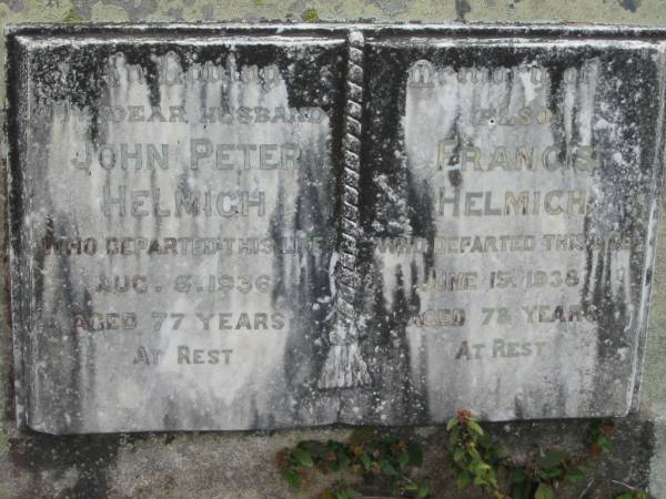 John Peter HELMICH  | 6 Aug 1936, aged 77  | Francis HELMICH  | 15 Jun 1938, aged 78  | Stone Quarry Cemetery, Jeebropilly, Ipswich  | 