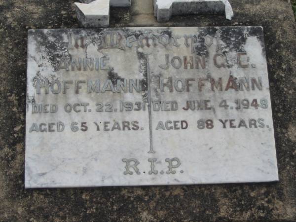Annie HOFFMANN  | 22 Oct 1931, aged 65  | John G E HOFFMANN  | 4 Jun 1948 aged 88  | Stone Quarry Cemetery, Jeebropilly, Ipswich  | 