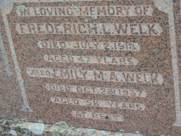 Frederich L WELK  | 2 Jul 1918, aged 47  | Emily M A WELK  | 28 Oct 1937, aged 58  | Stone Quarry Cemetery, Jeebropilly, Ipswich  | 