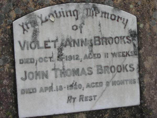 Violet Ann BROOKS  | 1 Oct 1912, aged 11 weeks  | John Thomas BROOKS  | 18 Apr 1920, aged 8 months  | Stone Quarry Cemetery, Jeebropilly, Ipswich  | 
