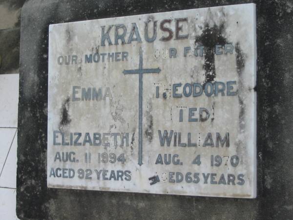 Emma Elizabeth KRAUSE  | 11 Aug 1994, aged 92  | Theodore Ted KRAUSE  | 4 Aug 1970, aged 65  | Stone Quarry Cemetery, Jeebropilly, Ipswich  | 