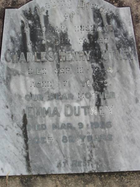 Charles Henry DUTNEY  | 15 Sep 1944, aged 71  | Emma DUTNEY  | 9 Mar 1956, aged 82  | Stone Quarry Cemetery, Jeebropilly, Ipswich  | 