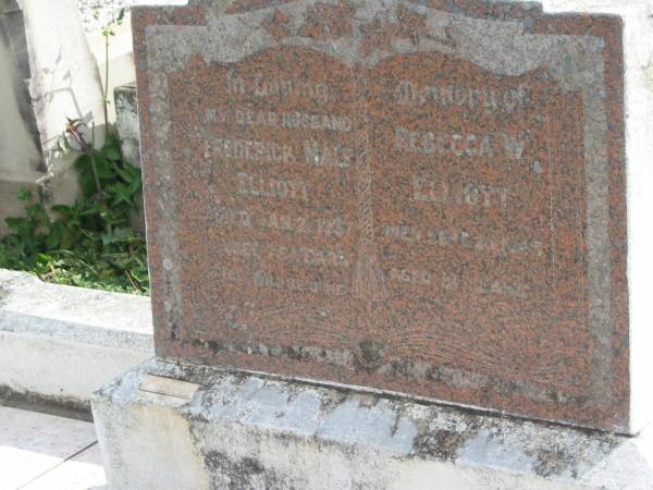 Frederick Male ELLIOTT  | 21 Jan 1937, aged 75  | Rebecca W ELLIOTT  | 20 Sep 1945, aged 81  | Stone Quarry Cemetery, Jeebropilly, Ipswich  | 