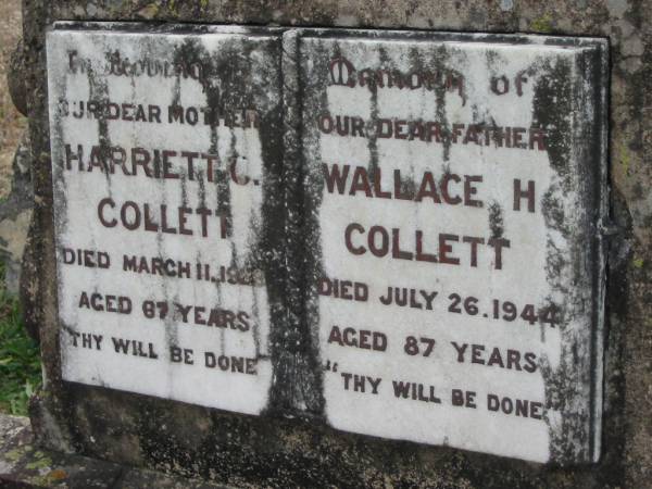 Harriett C COLLETT  | 11 Mar 1929, aged 67  | Wallace H COLLETT  | 26 Jul 1944, aged 87  | Stone Quarry Cemetery, Jeebropilly, Ipswich  | 
