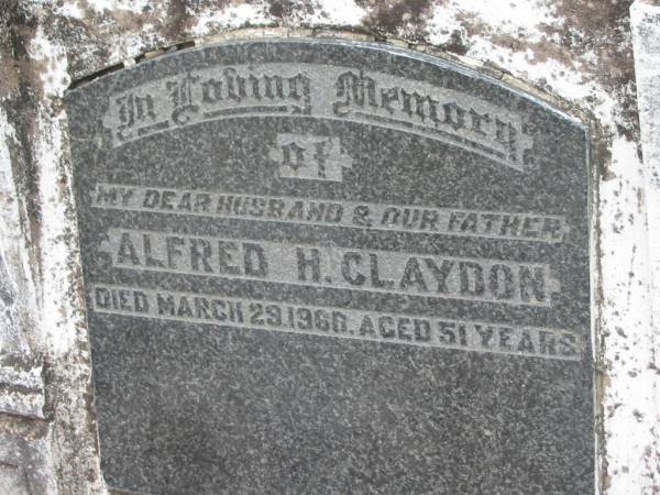 Alfred H CLAYDON  | 29 Mar 1960, aged 51  | Stone Quarry Cemetery, Jeebropilly, Ipswich  | 