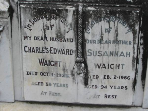 Charles Edward WAIGHT  | 1 Oct 1925, aged 55  | Susannah WAIGHT  | 2 Feb 1966, aged 94  | Stone Quarry Cemetery, Jeebropilly, Ipswich  | 