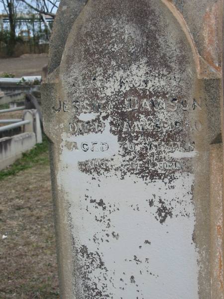 William James DAVISON  | 6 Aug 1901, aged 19  | Robert DAVISON  | 16 Jan 1923 aged 88  | Douglas David LOGAN  | b: 11 Nov 1923, d: 15 Oct 1930  | (mother)  | Jessie DAVISON  | 5 Jan 1930,aged 70  | Stone Quarry Cemetery, Jeebropilly, Ipswich  | 