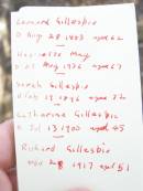 Leonard GILLESPIE, died 28 August 1883 aged 62 years; Harriette May, died 27 Aug 1936 aged 67 years; Sarah GILLESPIE, died 19 Feb 1896 aged 72 years; Catherine GILLESPIE, died 13 July 1900 aged 45 years; Richard GILLESPIE, died 23 November 1917 aged 51? years; Swan Creek Anglican cemetery, Warwick Shire 