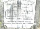 Francis GILLESPIE, 7 Jan 1861 - 22 Apr 1935; Jane GILLESPIE, wife of Francis GILLESPIE, died 1 July 1926 aged 63 years; Walter ?? GILLESPIE, died 2 Sept 1920 aged 19 years; William Henry GILLESPIE, died 29 Dec 1891 aged 10 months; sons of Francis & Jane GILLESPIE; Swan Creek Anglican cemetery, Warwick Shire 