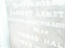 Harriet Armstrong, wife of Thomas HALL, died 27 Aug 1898 aged 72 years; Thomas HALL, 1823 - 1904; Swan Creek Anglican cemetery, Warwick Shire 