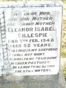 
Richard Walter GILLESPIE,
father grandfather,
died 3 May 1962 aged 78 years;
Eleanor Isabel GILLESPIE,
wife mother grandmother,
died 7 Feb 1948 aged 52 years;
Barbara May GILLESPIE,
died 12 May 1942 aged 8 months;
Swan Creek Anglican cemetery, Warwick Shire
