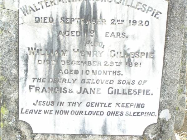 Francis GILLESPIE,  | 7 Jan 1861 - 22 Apr 1935;  | Jane GILLESPIE,  | wife of Francis GILLESPIE,  | died 1 July 1926 aged 63 years;  | Walter ?? GILLESPIE,  | died 2 Sept 1920 aged 19 years;  | William Henry GILLESPIE,  | died 29 Dec 1891 aged 10 months;  | sons of Francis & Jane GILLESPIE;  | Swan Creek Anglican cemetery, Warwick Shire  | 