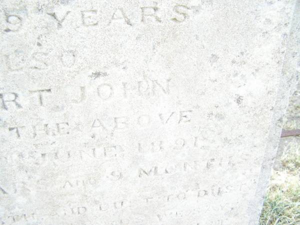 Harriet Mahala EASTWELL,  | died 4 March 1891 aged 29 years;  | Rupert John,  | son,  | died 8 June 1891 aged 3 years 9 months;  | Swan Creek Anglican cemetery, Warwick Shire  | 