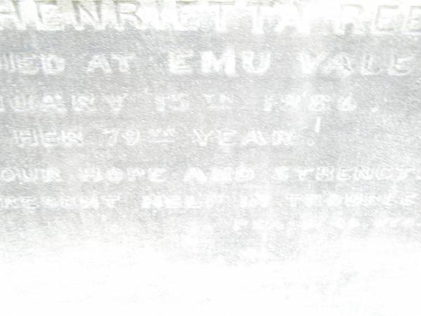 Emma Henrietta REEVE,  | died Emu Vale 15 January 1886 in 79th year;  | Swan Creek Anglican cemetery, Warwick Shire  | 