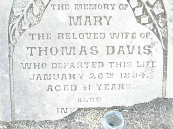 Henry ALLEN,  | died 26 Dec 1897 aged 70 years 9 months;  | Anne ALLEN,  | wife,  | born 31 Oct 1821  | died 15 Oct 1899 aged 78 years;  | Mary,  | wife of Thomas DAVIS,  | died 26 Jan 1894 aged 41 years;  | Thomas Llewellyn,  | died 14 Nov 1893 aged 5 months;  | Swan Creek Anglican cemetery, Warwick Shire  | 
